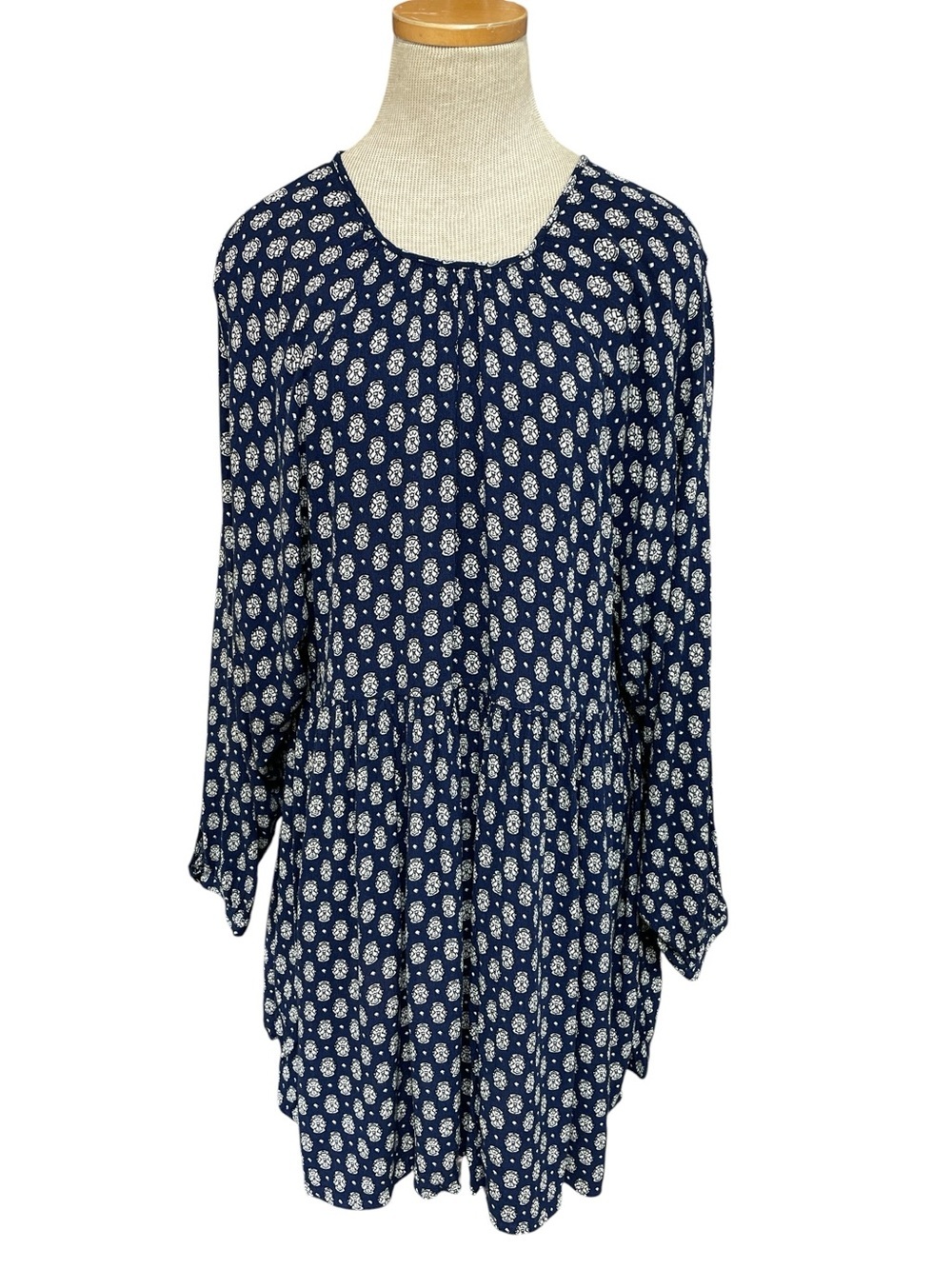 Christy Dawn Women's Navy Blue Print Tunic Dress Boho Peasant Medium Large